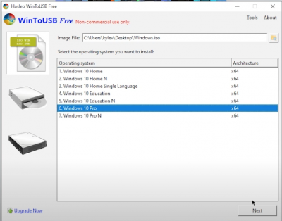 Attention with WintoUSB Free version you can only install Windows Home version.