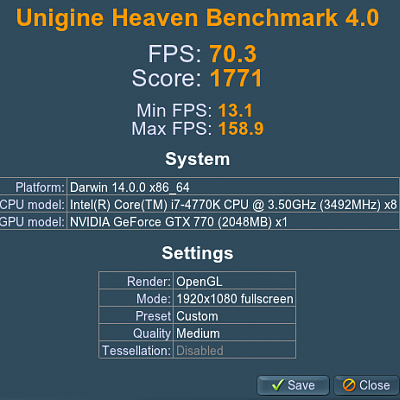 Unigine Heaven OpenGL Benchmark - GTX 770 2GB with OS X Default Graphics Drivers.